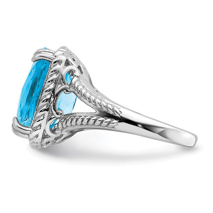 Sterling Silver Rhodium Checker Cut Blue Topaz Ring (Size 7 Only)