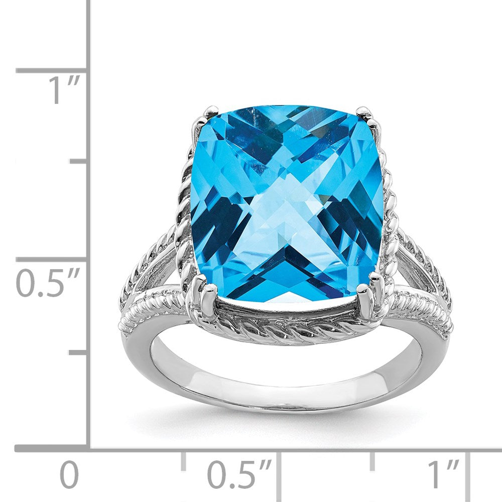 Sterling Silver Rhodium Checker Cut Blue Topaz Ring (Size 7 Only)