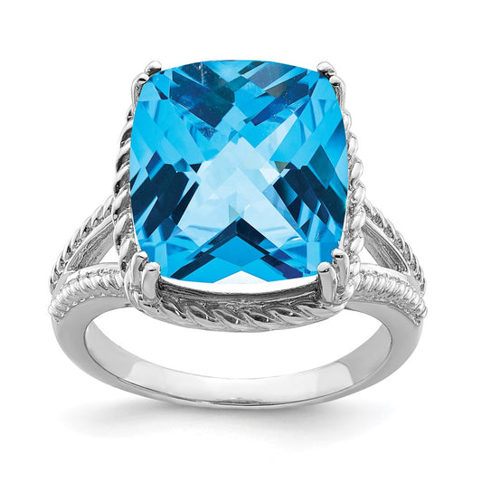 Sterling Silver Rhodium Checker Cut Blue Topaz Ring (Size 7 Only)