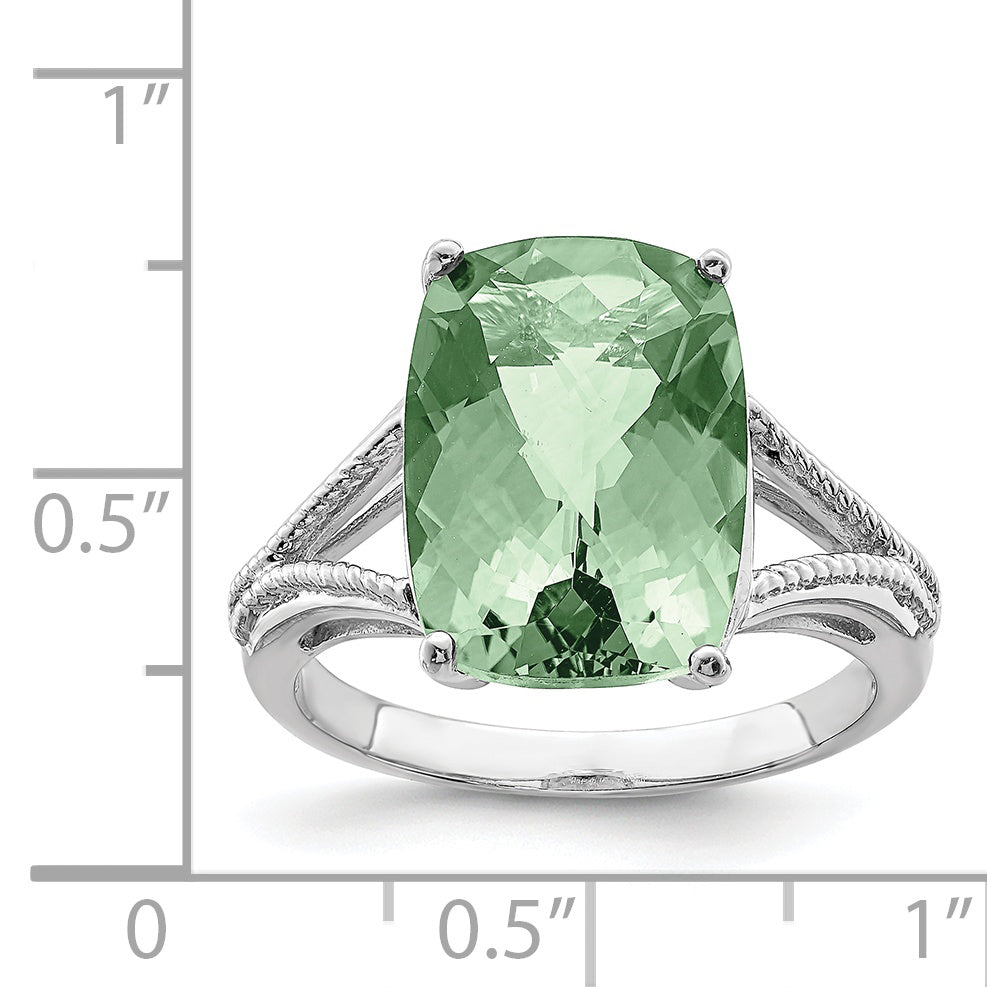 Sterling Silver Rhodium Checker Cut Green Quartz Ring