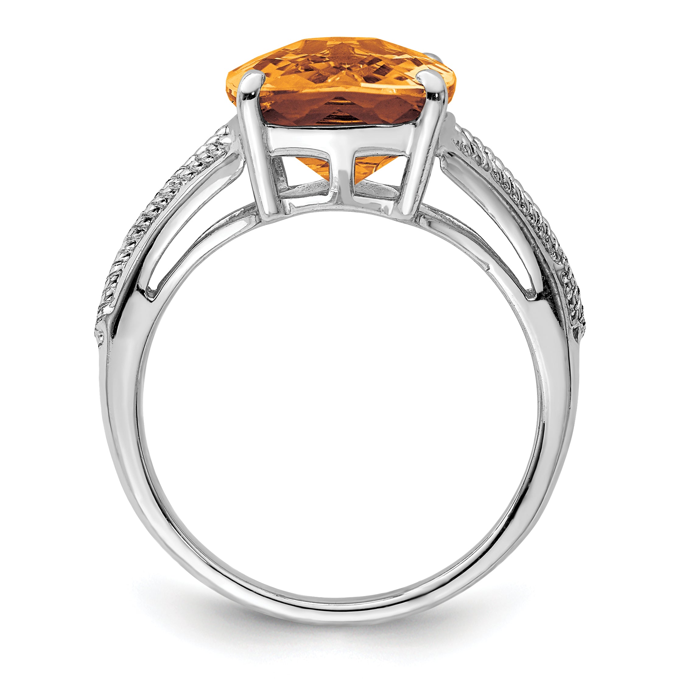 Sterling Silver Rhodium Checker Cut Whiskey Quartz Ring