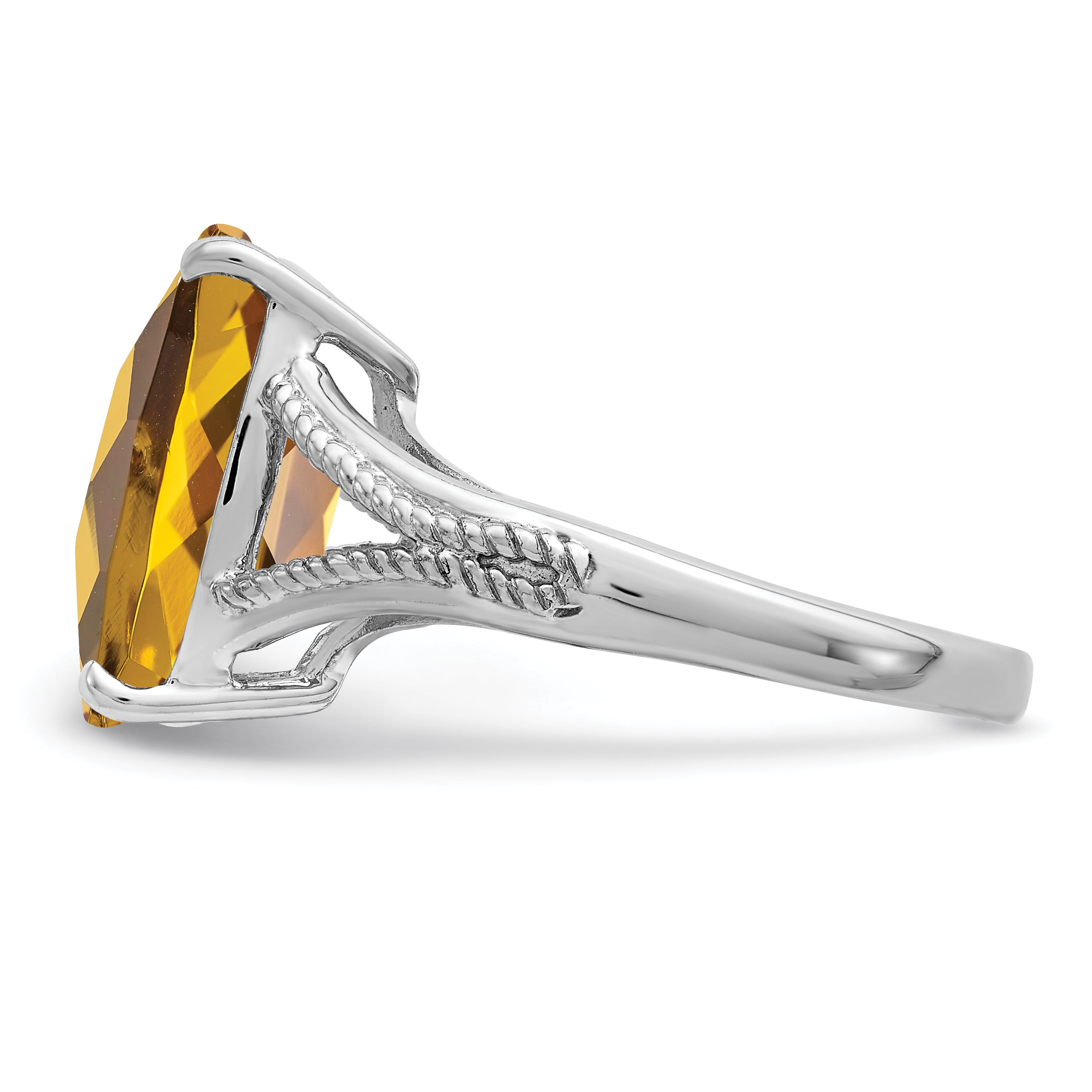 Sterling Silver Rhodium Checker Cut Whiskey Quartz Ring