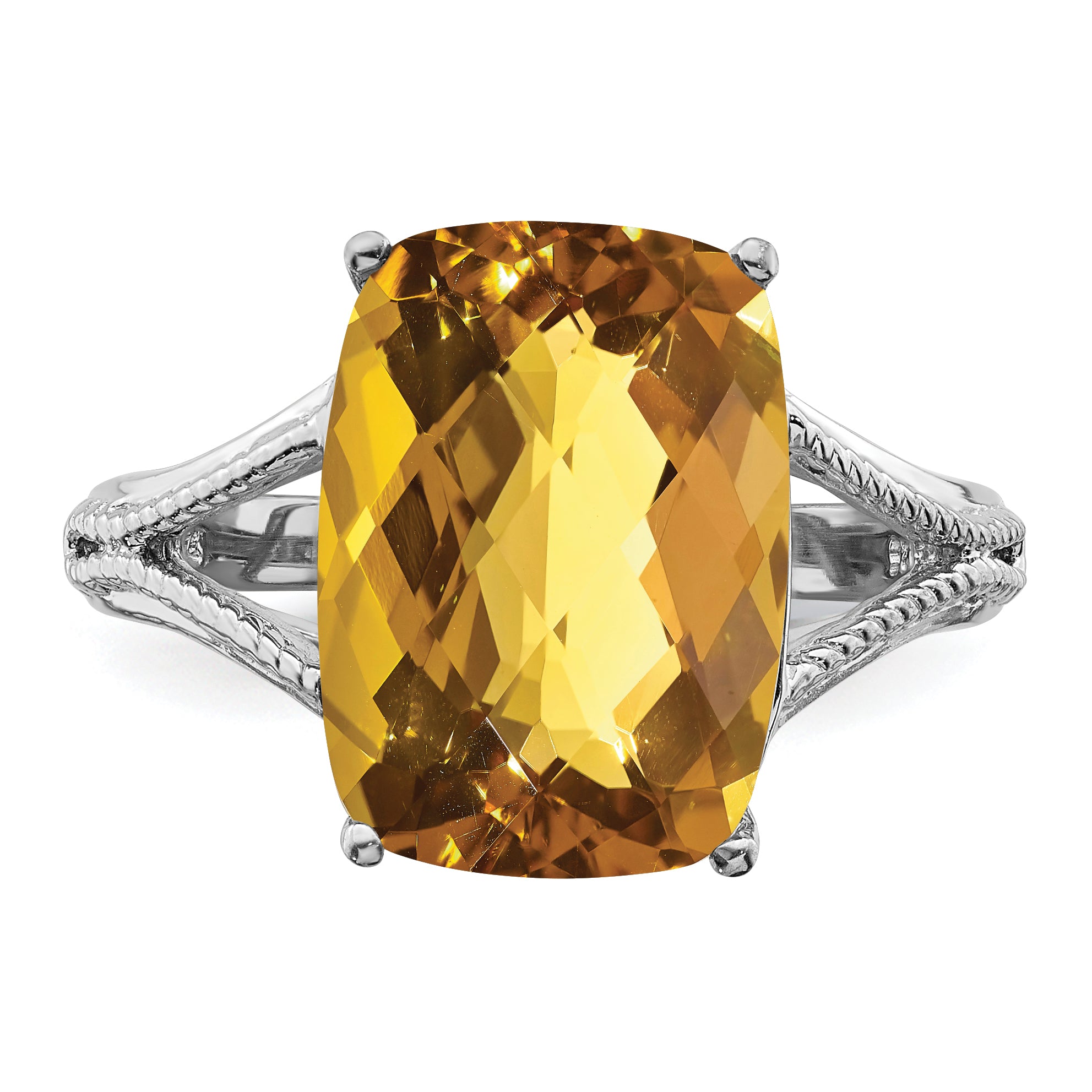Sterling Silver Rhodium Checker Cut Whiskey Quartz Ring