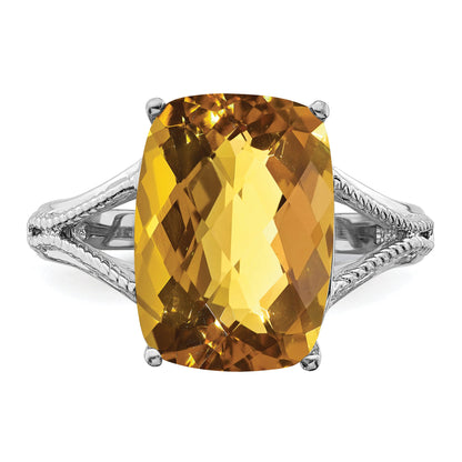 Sterling Silver Rhodium Checker Cut Whiskey Quartz Ring