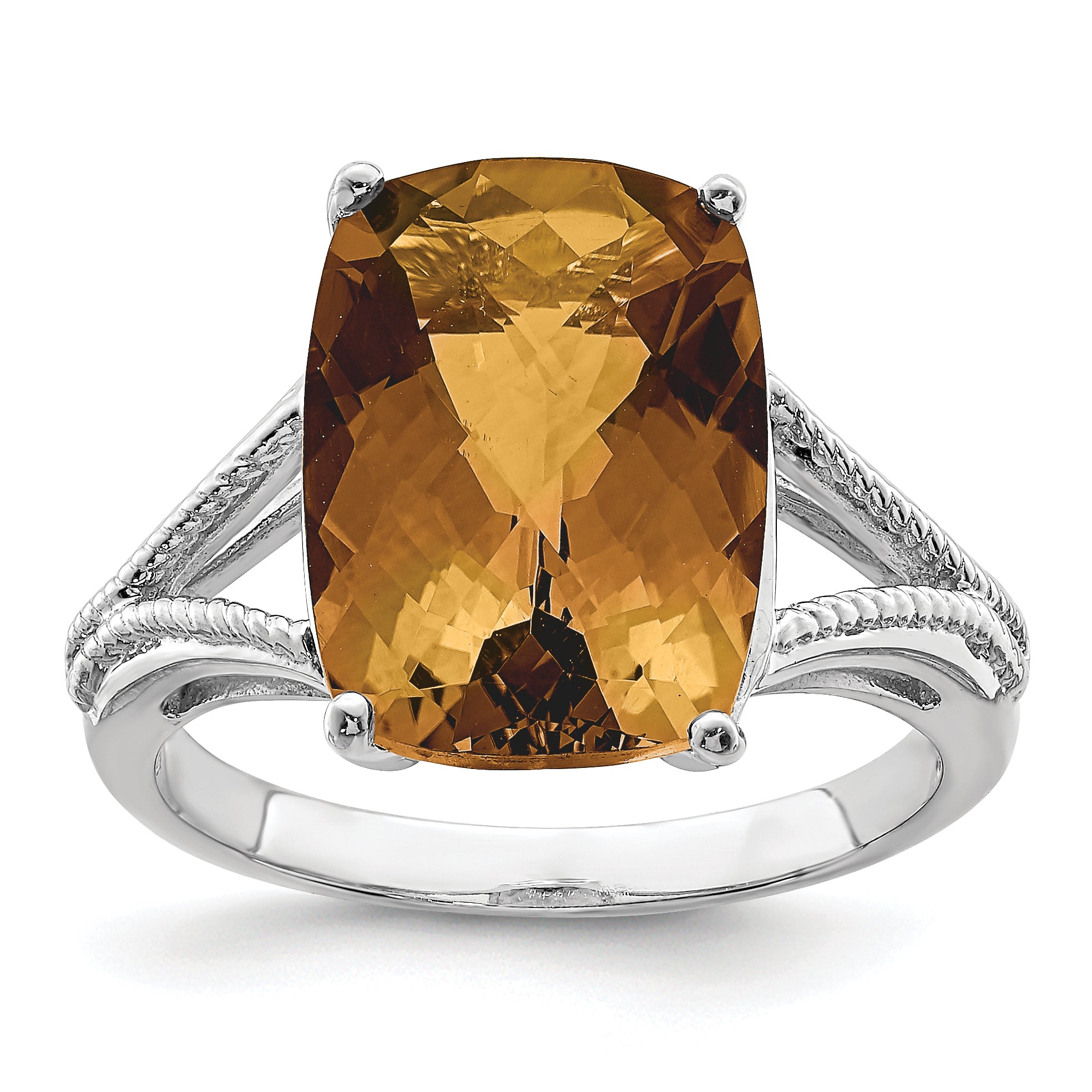 Sterling Silver Rhodium Checker Cut Whiskey Quartz Ring