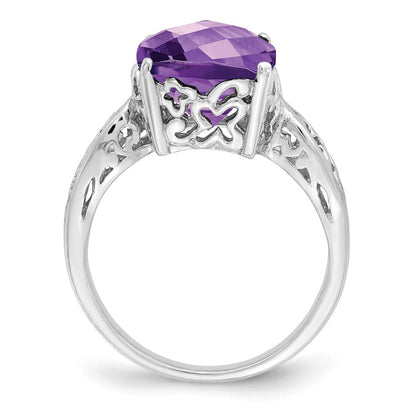 Sterling Silver Rhodium Plated Checker Cut Amethyst Ring (Size 7 Only)