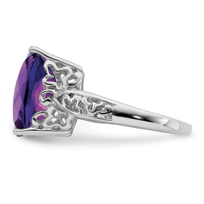 Sterling Silver Rhodium Plated Checker Cut Amethyst Ring (Size 7 Only)