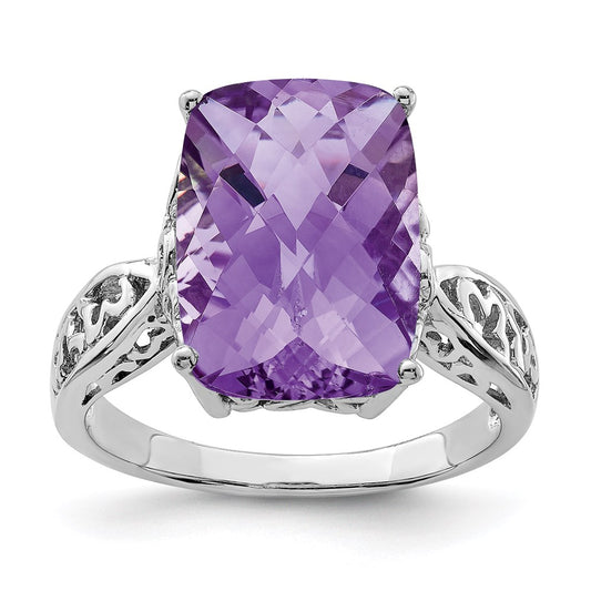 Sterling Silver Rhodium Plated Checker Cut Amethyst Ring (Size 7 Only)