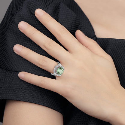 Sterling Silver Rhodium Checker Cut Green Quartz Ring (Size 7 Only)
