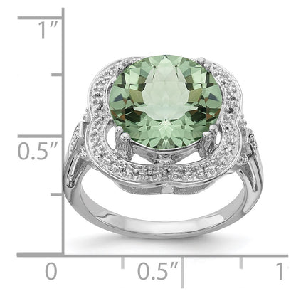 Sterling Silver Rhodium Checker Cut Green Quartz Ring (Size 7 Only)