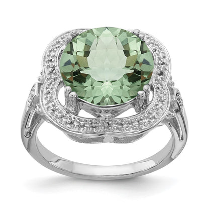 Sterling Silver Rhodium Checker Cut Green Quartz Ring (Size 7 Only)