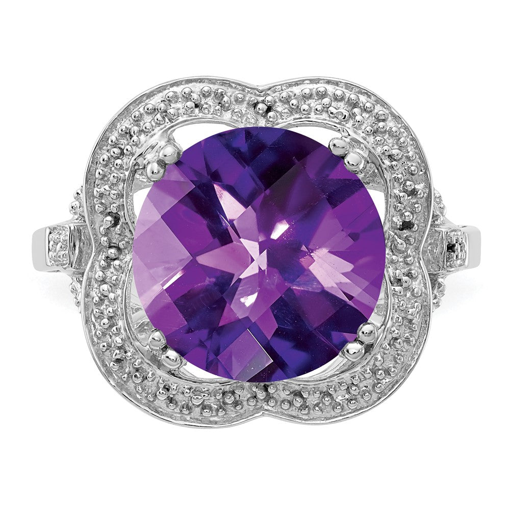 Sterling Silver Rhodium Plated Checker Cut Amethyst Ring (Size 7 Only)