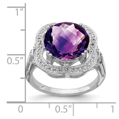 Sterling Silver Rhodium Plated Checker Cut Amethyst Ring (Size 7 Only)