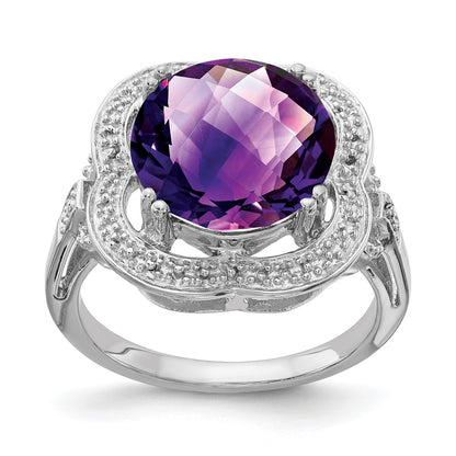 Sterling Silver Rhodium Plated Checker Cut Amethyst Ring (Size 7 Only)