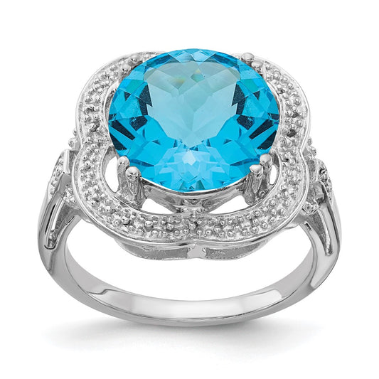 Sterling Silver Rhodium Checker Cut Blue Topaz Ring (Size 7 Only)