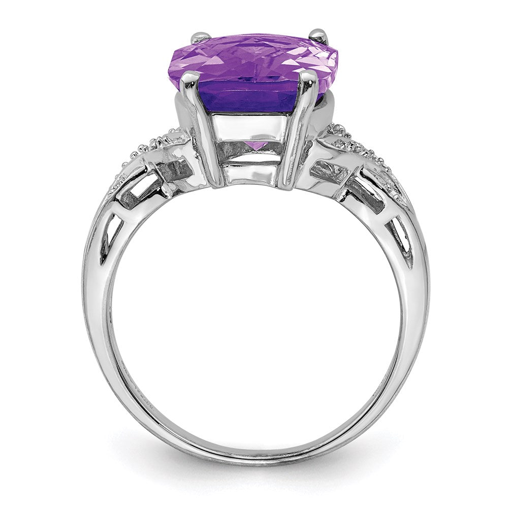 Sterling Silver Rhodium Plated Checker Cut Amethyst Ring (Size 7 Only)
