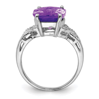 Sterling Silver Rhodium Plated Checker Cut Amethyst Ring (Size 7 Only)