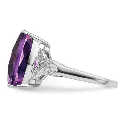 Sterling Silver Rhodium Plated Checker Cut Amethyst Ring (Size 7 Only)