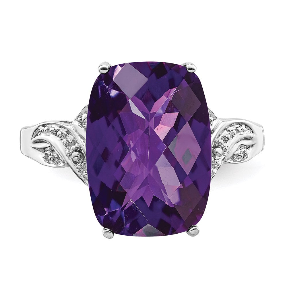Sterling Silver Rhodium Plated Checker Cut Amethyst Ring (Size 7 Only)