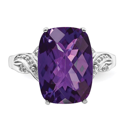 Sterling Silver Rhodium Plated Checker Cut Amethyst Ring (Size 7 Only)