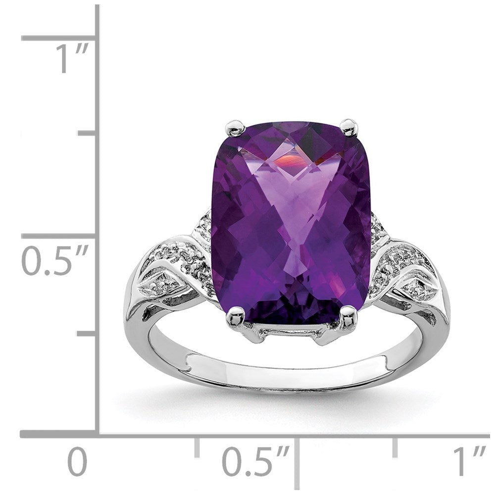 Sterling Silver Rhodium Plated Checker Cut Amethyst Ring (Size 7 Only)