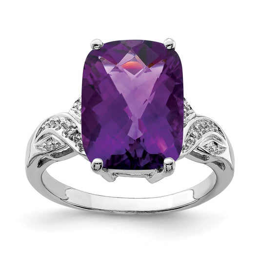 Sterling Silver Rhodium Plated Checker Cut Amethyst Ring (Size 7 Only)