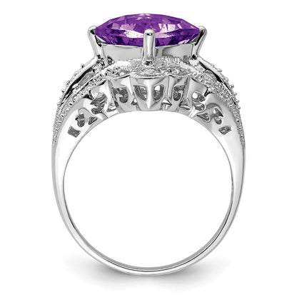Sterling Silver Rhodium Plated Checker Cut Amethyst & Diamond Ring (Size 7 Only)