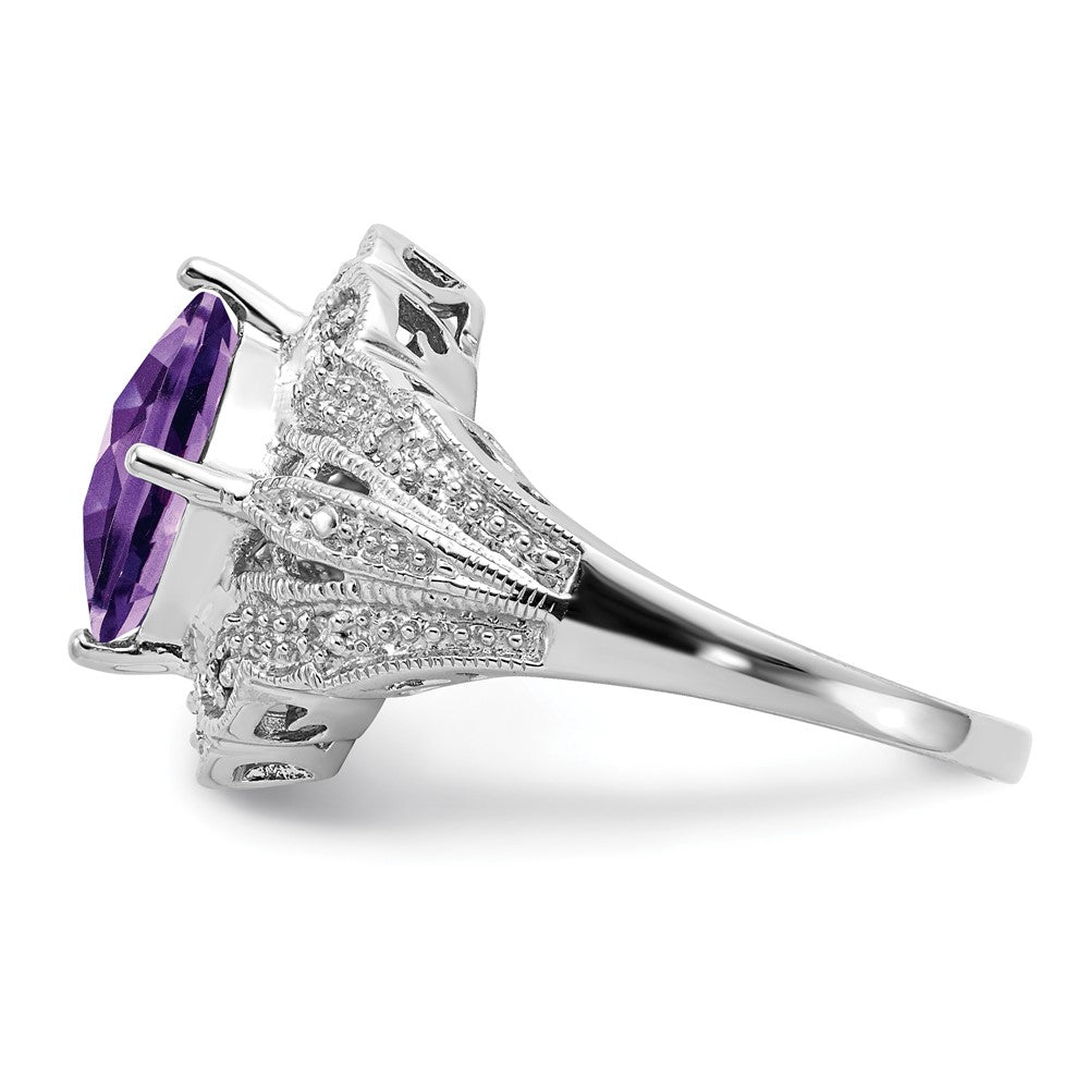 Sterling Silver Rhodium Plated Checker Cut Amethyst & Diamond Ring (Size 7 Only)