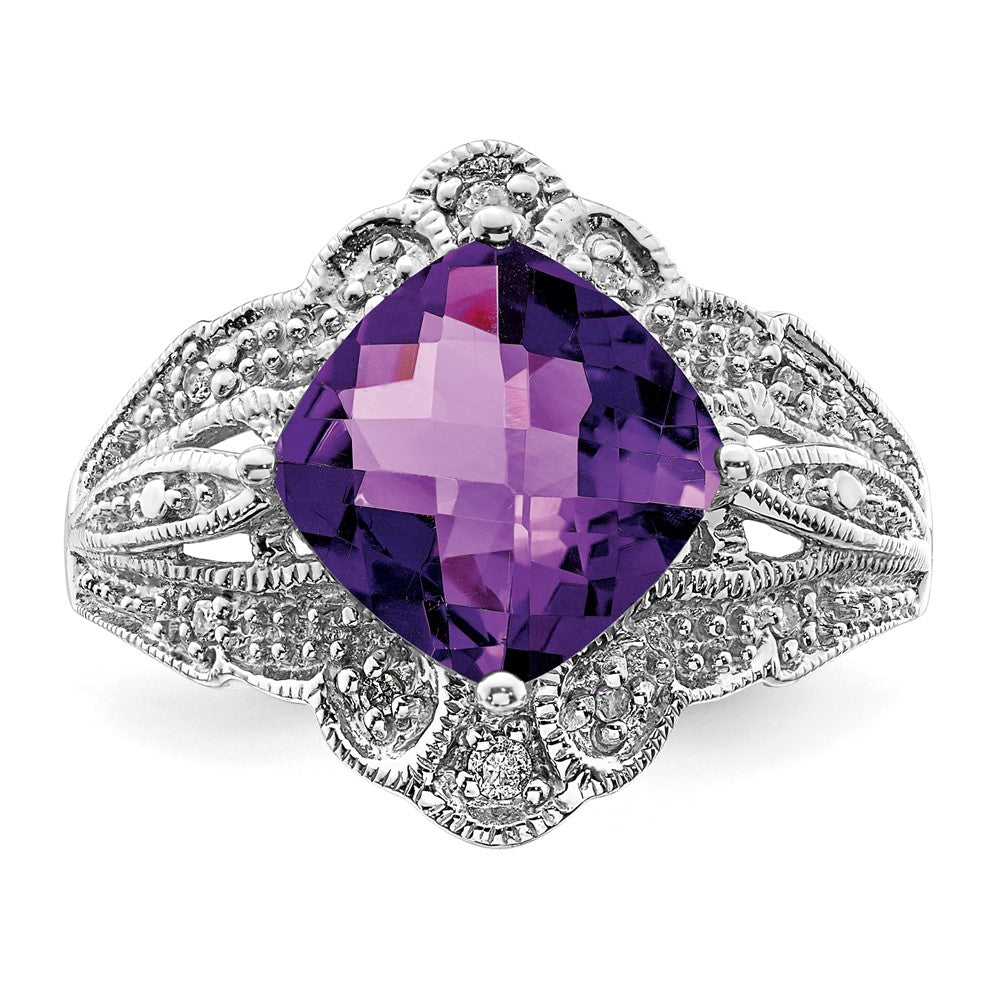 Sterling Silver Rhodium Plated Checker Cut Amethyst & Diamond Ring (Size 7 Only)