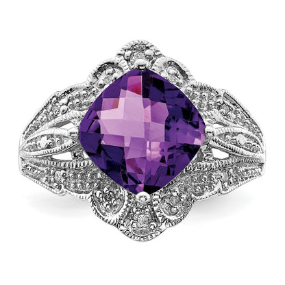 Sterling Silver Rhodium Plated Checker Cut Amethyst & Diamond Ring (Size 7 Only)