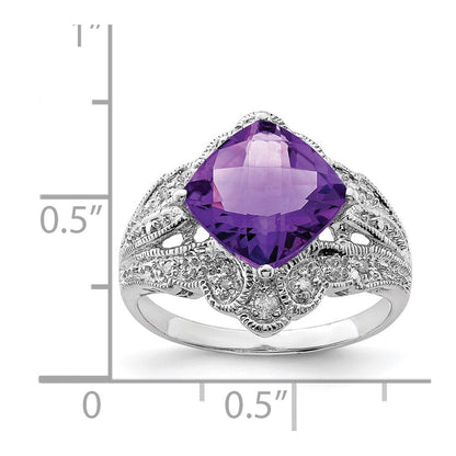 Sterling Silver Rhodium Plated Checker Cut Amethyst & Diamond Ring (Size 7 Only)