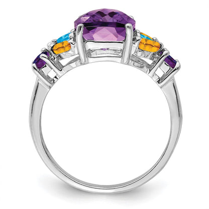 Sterling Silver Rhodium Plated Amethyst, Blue Topaz & Citrine Ring