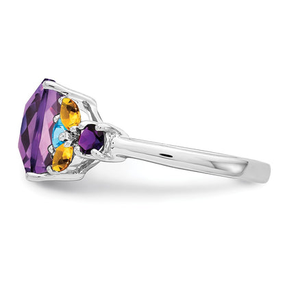 Sterling Silver Rhodium Plated Amethyst, Blue Topaz & Citrine Ring