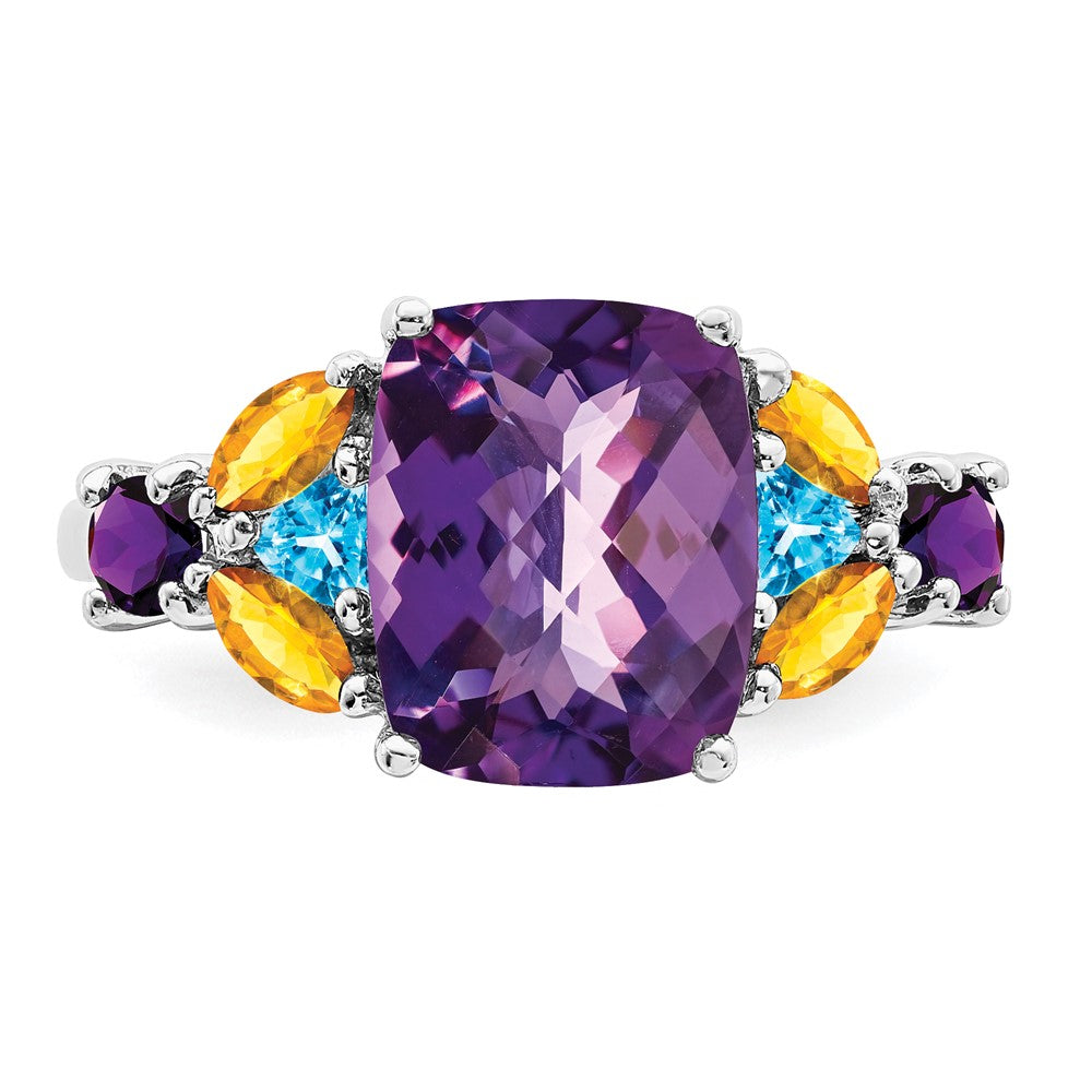 Sterling Silver Rhodium Plated Amethyst, Blue Topaz & Citrine Ring