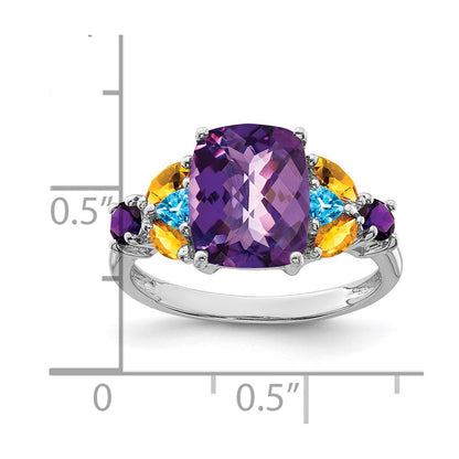 Sterling Silver Rhodium Plated Amethyst, Blue Topaz & Citrine Ring