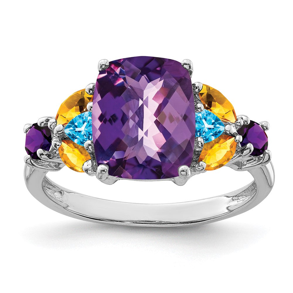 Sterling Silver Rhodium Plated Amethyst, Blue Topaz & Citrine Ring
