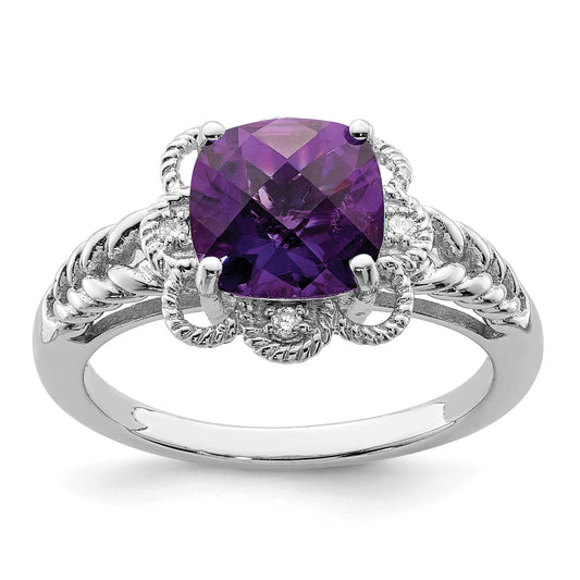 Sterling Silver Rhodium Plated Checker Cut Amethyst & Diamond Ring
