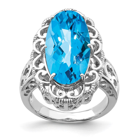 Sterling Silver Rhodium Oval Blue Topaz Ring (Size 7 Only)