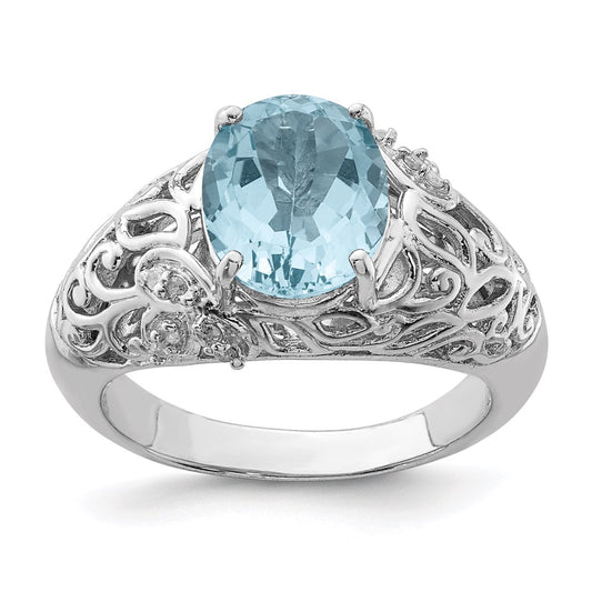 Sterling Silver Rhodium Sky Blue Topaz & Diamond Ring (Size 7 Only)
