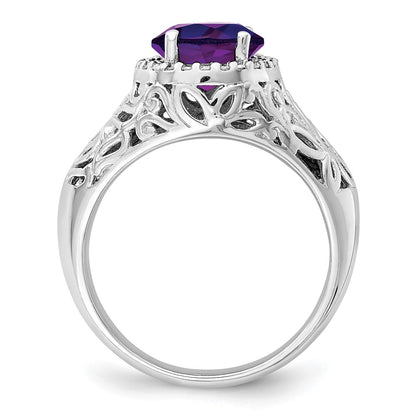 Sterling Silver Rhodium Plated Oval Amethyst & Diamond Ring (Size 7 Only)
