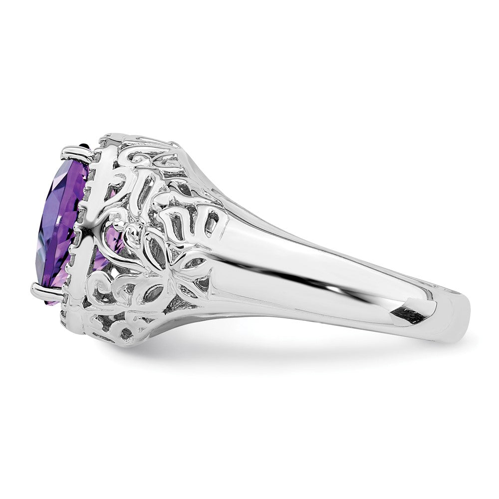 Sterling Silver Rhodium Plated Oval Amethyst & Diamond Ring (Size 7 Only)