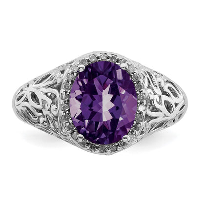Sterling Silver Rhodium Plated Oval Amethyst & Diamond Ring (Size 7 Only)