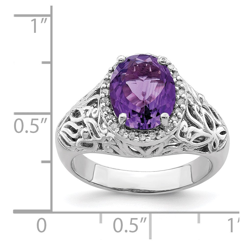 Sterling Silver Rhodium Plated Oval Amethyst & Diamond Ring (Size 7 Only)