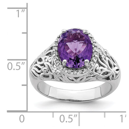 Sterling Silver Rhodium Plated Oval Amethyst & Diamond Ring (Size 7 Only)