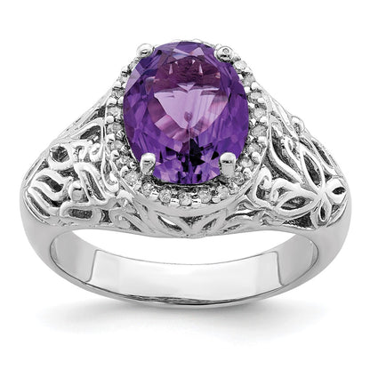 Sterling Silver Rhodium Plated Oval Amethyst & Diamond Ring (Size 7 Only)
