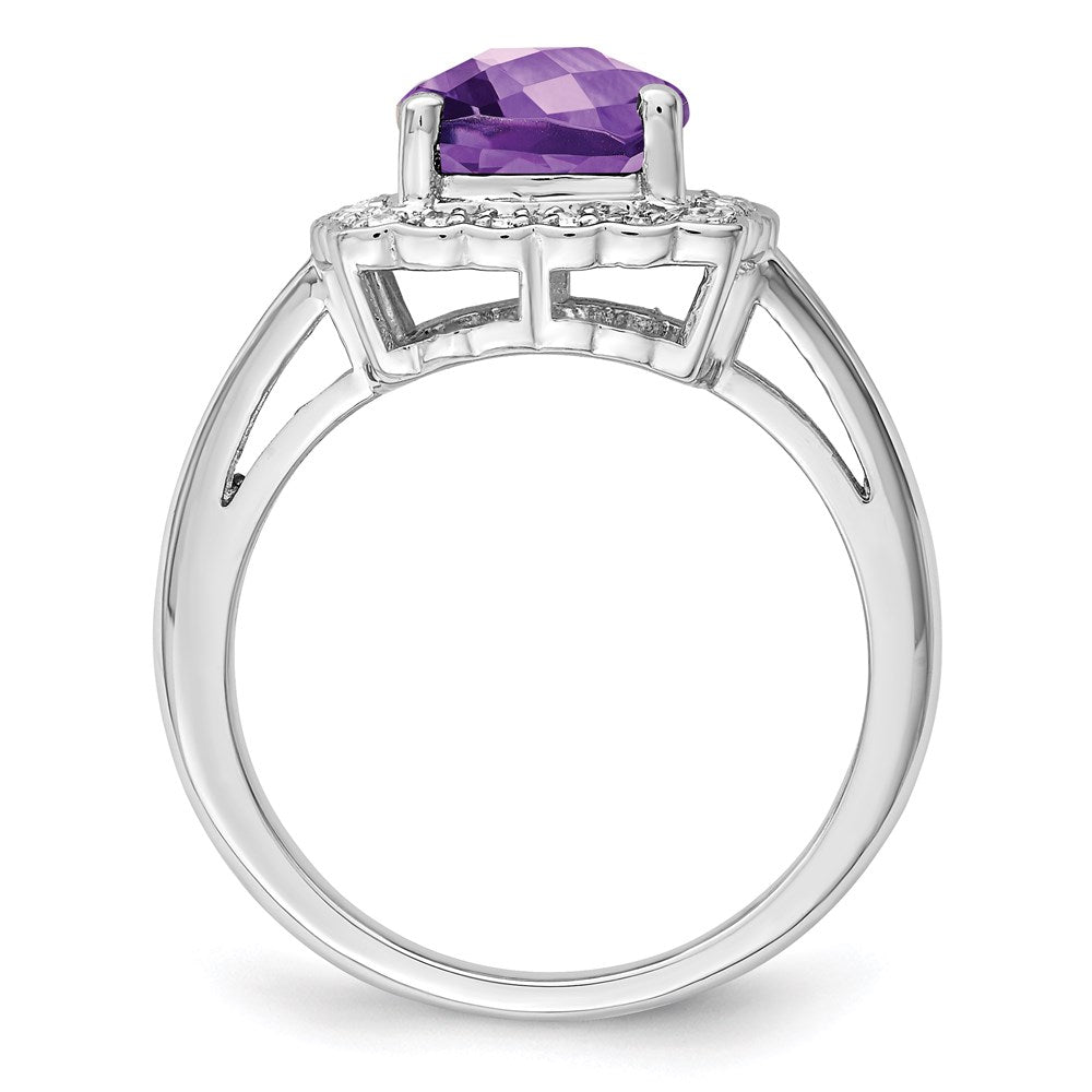 Sterling Silver Rhodium Plated Checker Cut Amethyst & Diamond Ring (Size 7 Only)