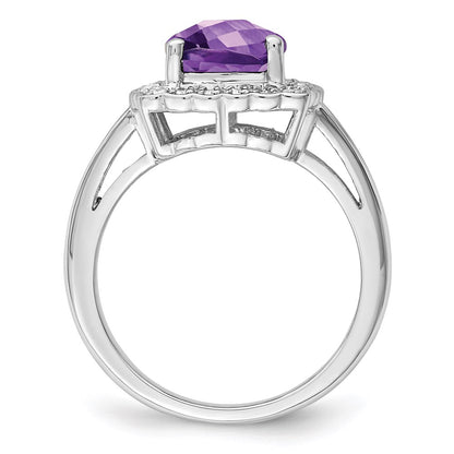Sterling Silver Rhodium Plated Checker Cut Amethyst & Diamond Ring (Size 7 Only)
