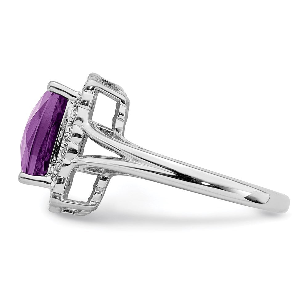 Sterling Silver Rhodium Plated Checker Cut Amethyst & Diamond Ring (Size 7 Only)