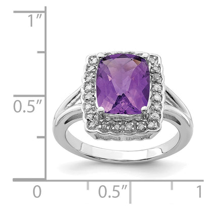 Sterling Silver Rhodium Plated Checker Cut Amethyst & Diamond Ring (Size 7 Only)