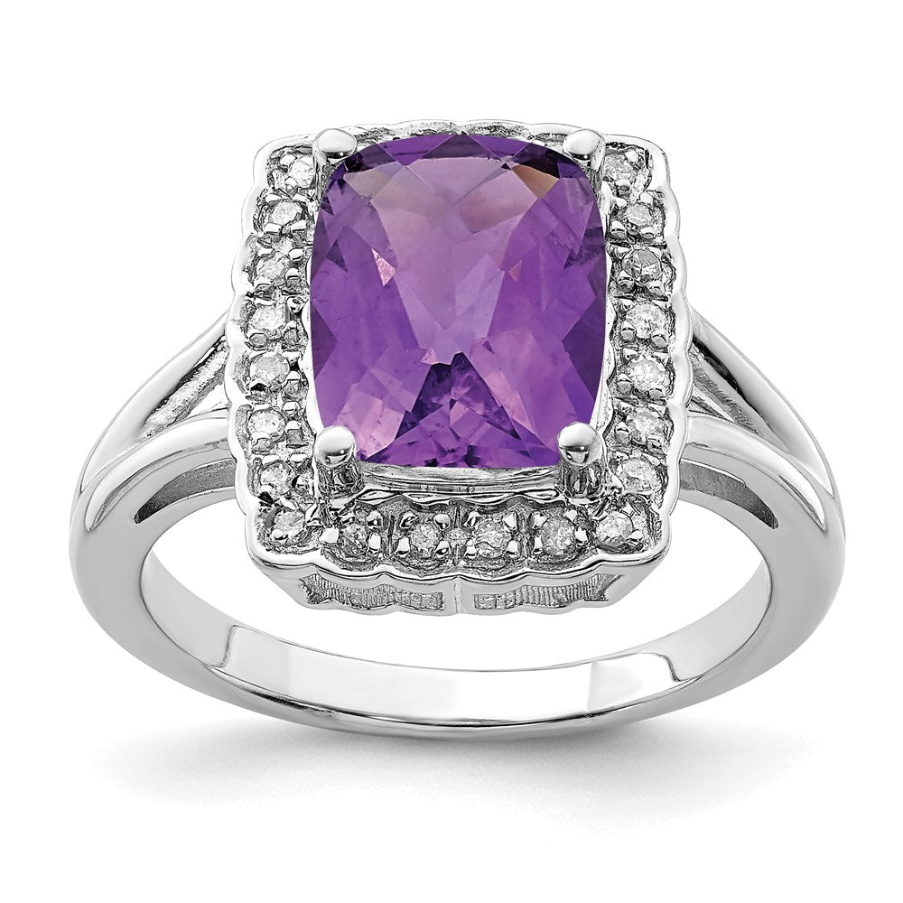 Sterling Silver Rhodium Plated Checker Cut Amethyst & Diamond Ring (Size 7 Only)
